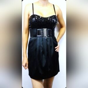NWT Entry Black Padded Sequin Empire Waist Mini Satin Black Dress Junior's Sz L